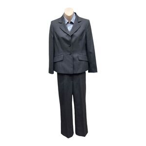 Kasper Charcoal Blazer Trousers Silver Satin Blouse Pantsuit Size 4P Office EUC
